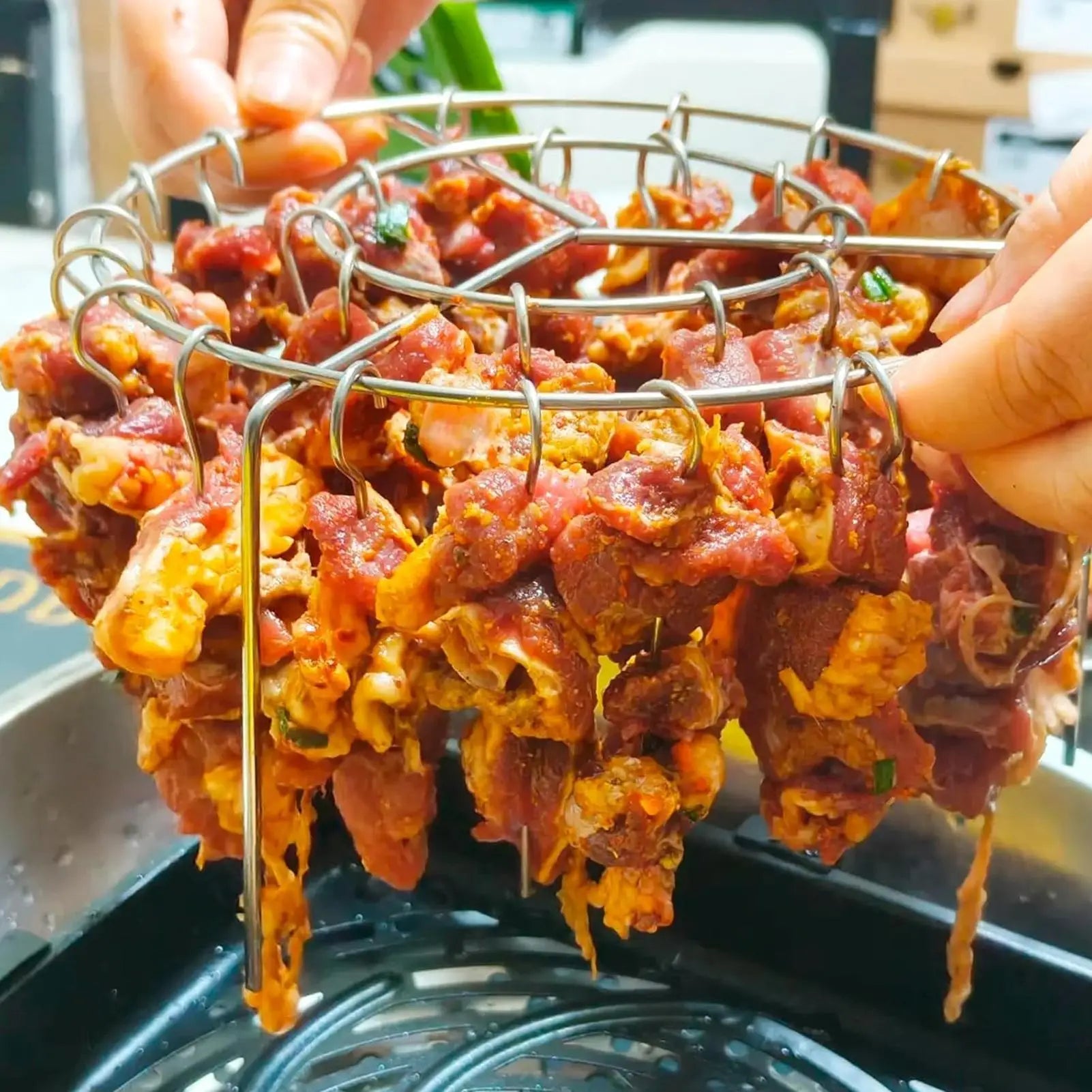 Portable Stainless Steel Air Fryer Grill Round with Grilled Skewers Hanging Skewers Rack Barbecue Grill for Home Kitchen Outdoor