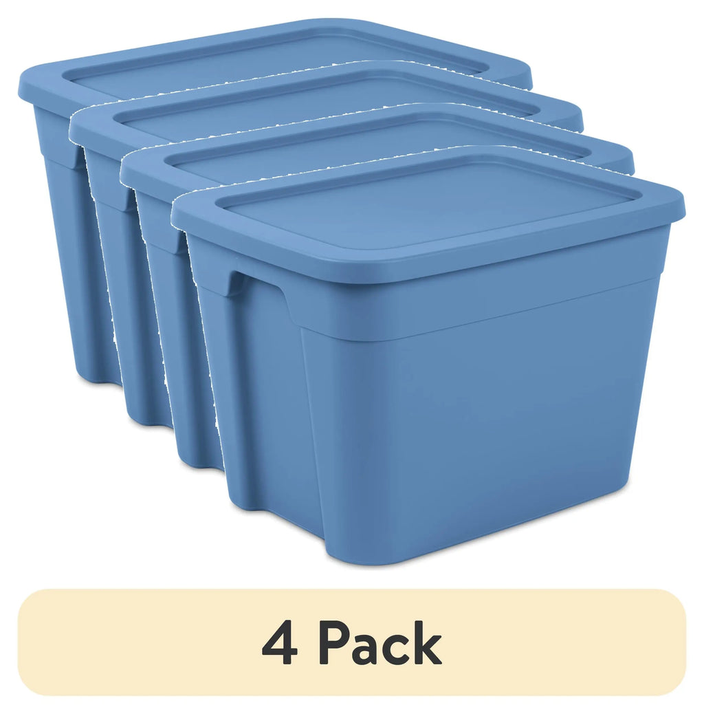 4 pack 18 gallon plastic storage tote with snap lid stackable blue
