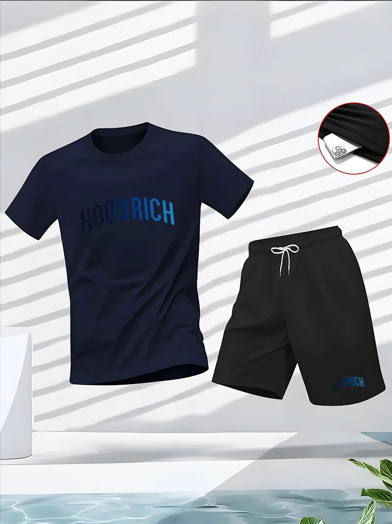 Men's summer fitness sportswear set_ Round-neck short-sleeved T-shirt, five-inch shorts, slimming, fashionable, casual fitness