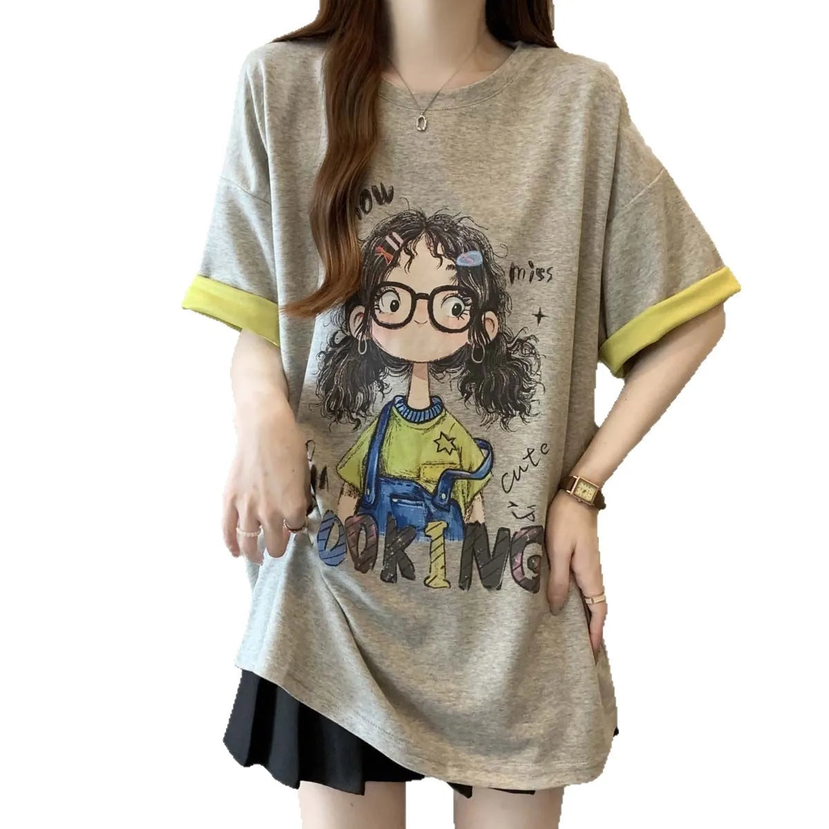 Plus-size women's spring and summer new color-blocking casual loose slimming cartoon letter printed short-sleeve T-shirt