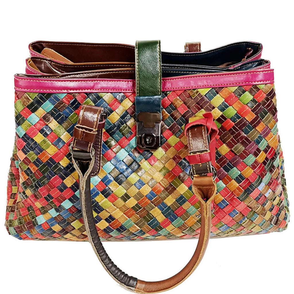 Fashionable Top Grain Genuine Leather Women Shoulder Bags Woven Handbag Contrasting Color Travel Crossbody Hand Messenger Valise