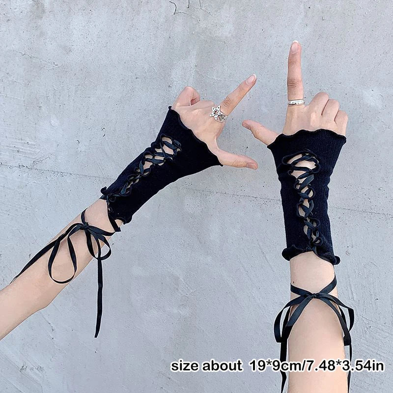 Women Strapping Lace Fingerless Hot Sexy Arm Sleeves DIY Lace-up Sunscreen Gloves Elastic Mesh Punk Gloves Mountaineering Gloves