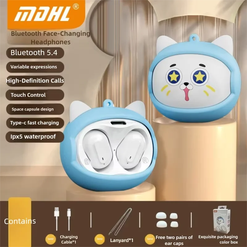 Cute Face changing TWS Bluetooth 5.4 Earbuds ENC Noise Reduction Waterproof HIFI Stereo Earphones for iOS Android Kids