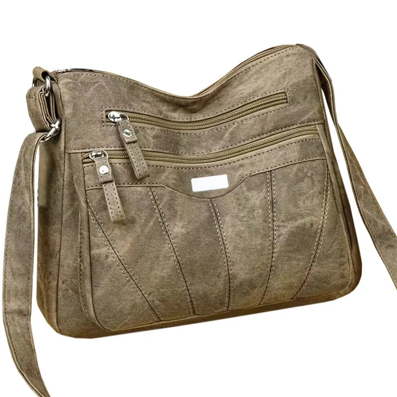 Durable Washed Faux Leather Shoulder Bag, Women's Multi‑pocket Crossbody Purse with Spacious Capacity for Everyday Life