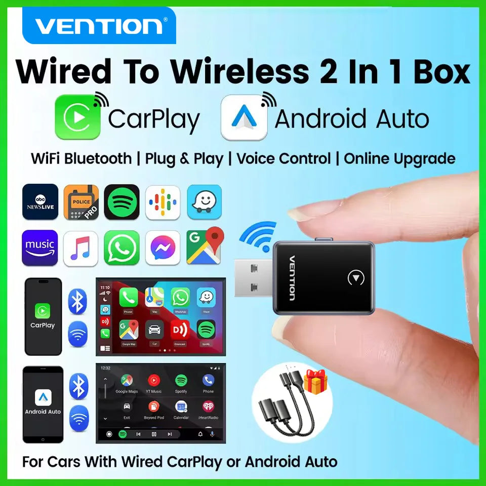 Vention 2in1 Wireless CarPlay Adapter Android Auto For OEM Car Plug and Play AI Smart Box WiFi Bluetooth Auto Connection