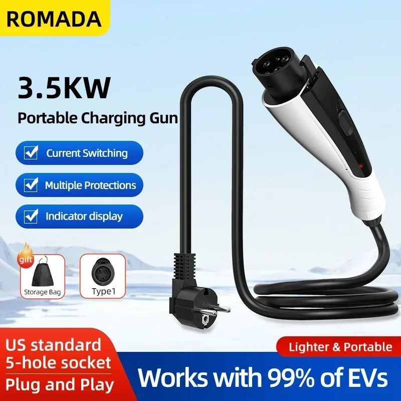 Portable EV Charger 16A 3.5KW Type1 to J1772, 3M/5M/10M Cable Electric Vehicle Charging Station for Fast Home Charging (ROMADA)