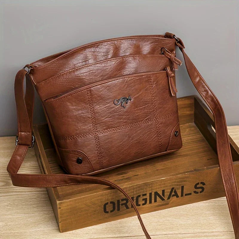 Retro Mini Crossbody Bag, Soft PU Leather Bucket Bag, Multi Layer Shoulder Purse with Interior Slot Pocket for Women Daily Use