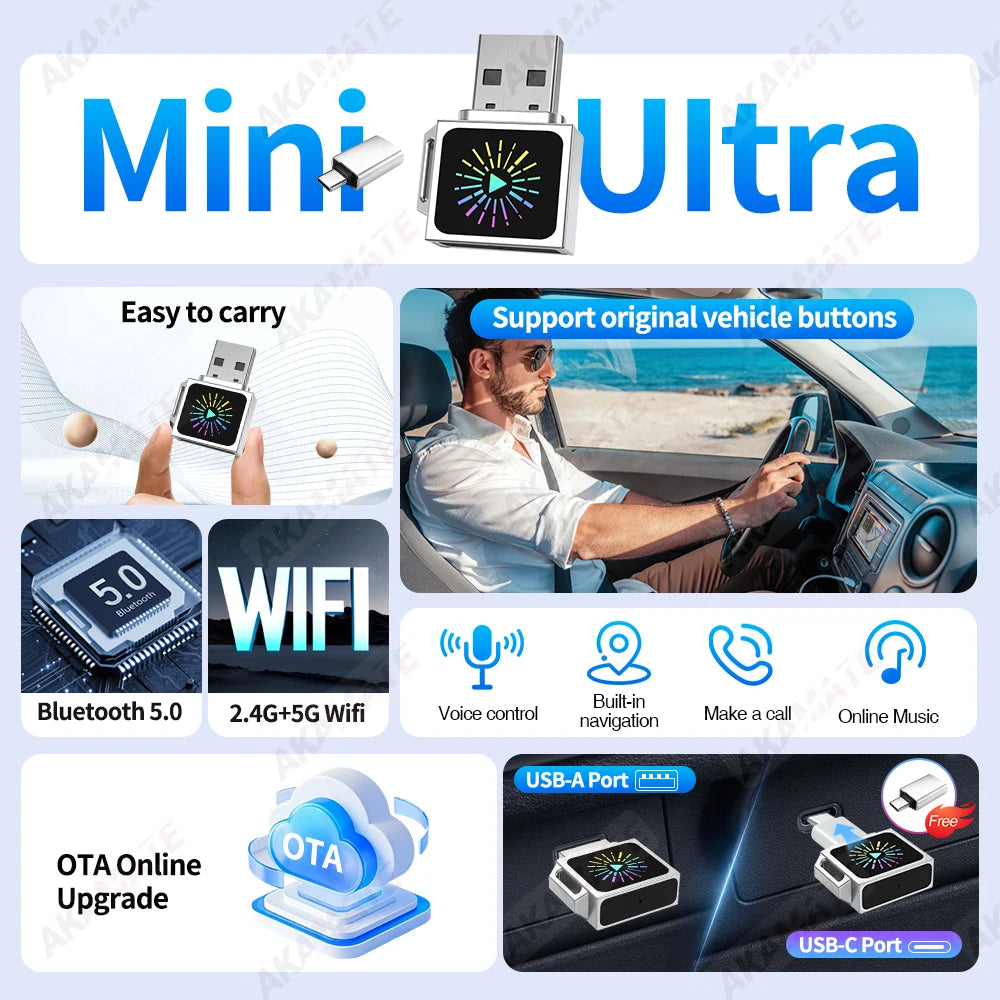 Wired to Wireless CarPlay Android Auto 2in1 Adapter Bluetooth Wifi Voice Assistant Plug and Play Mini Universal Smart Dongle