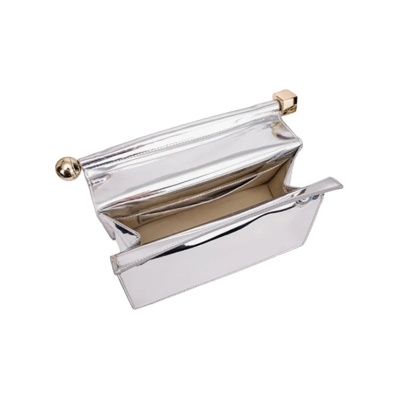 Large Silver Curled Edge Folding Handbag Fashion Premium Metalic Single Shoulder Crossbody Bag High Texture Leather Clutch Bag