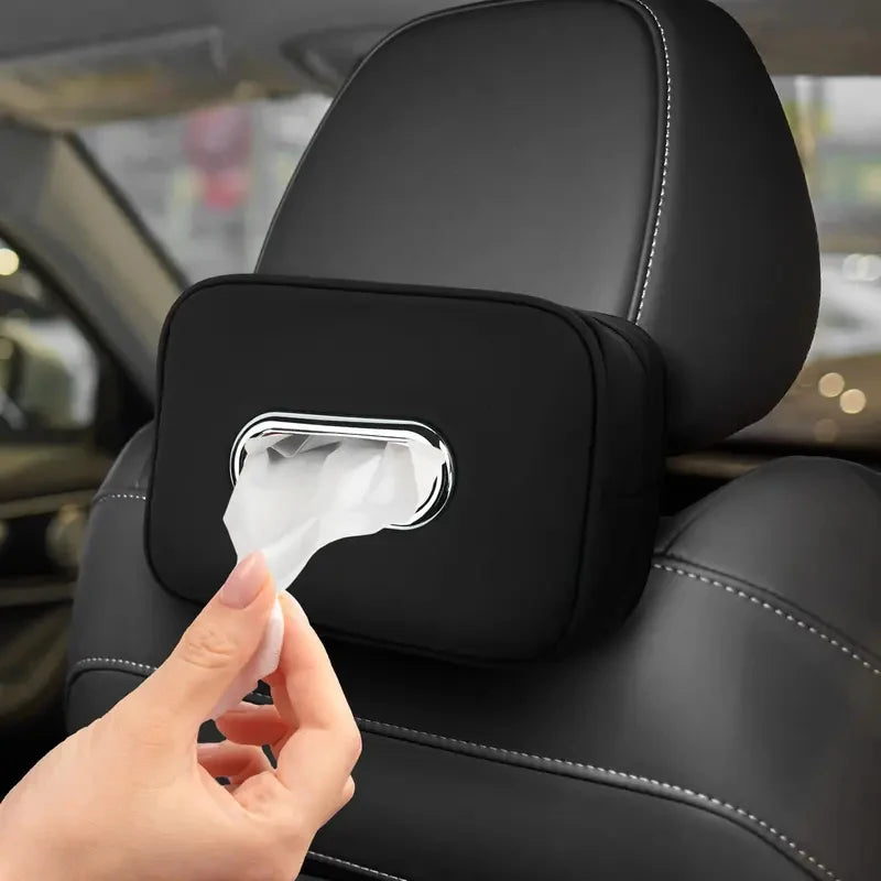 Universal Black Leather Car Tissue Bag with Chrome Metal Opening Hanging Headrest Napkin Box Cover