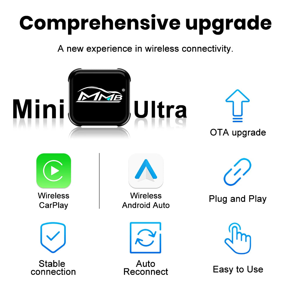 MMB Mini Ultra CarPlay Wireless Android Auto Adapter 2in1 USB Dongle for Totoya VW Chevrolet Hyundai Plug and Play Auto Connect