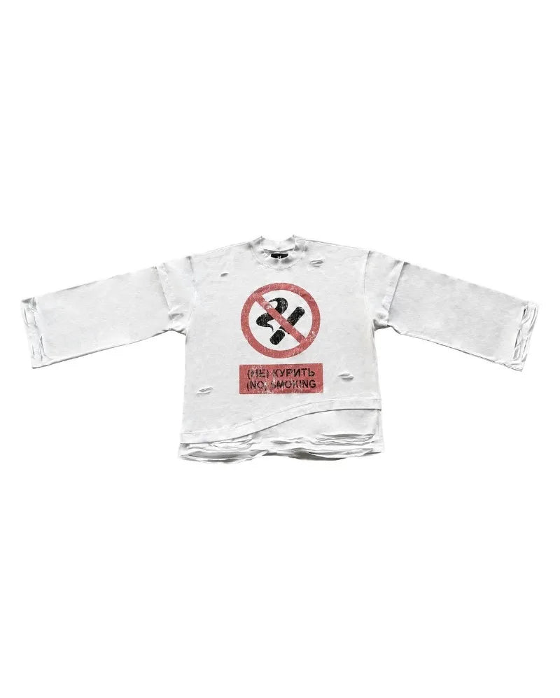 No Smoking Graphic Long Sleeve T-Shirt Men Distressed Grunge Style Oversized Top Vintage Anti-Smoking Sign Print Streetwear