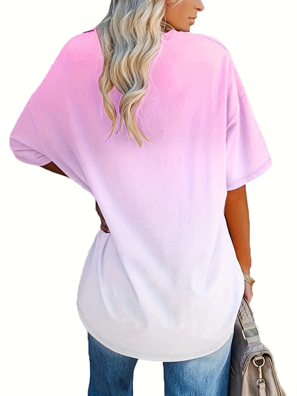 2025plus Size Gradient Color Printed Heart Comfortable Women's Top Soft Casual Style Female Shirt in Vibrant Pink And Red