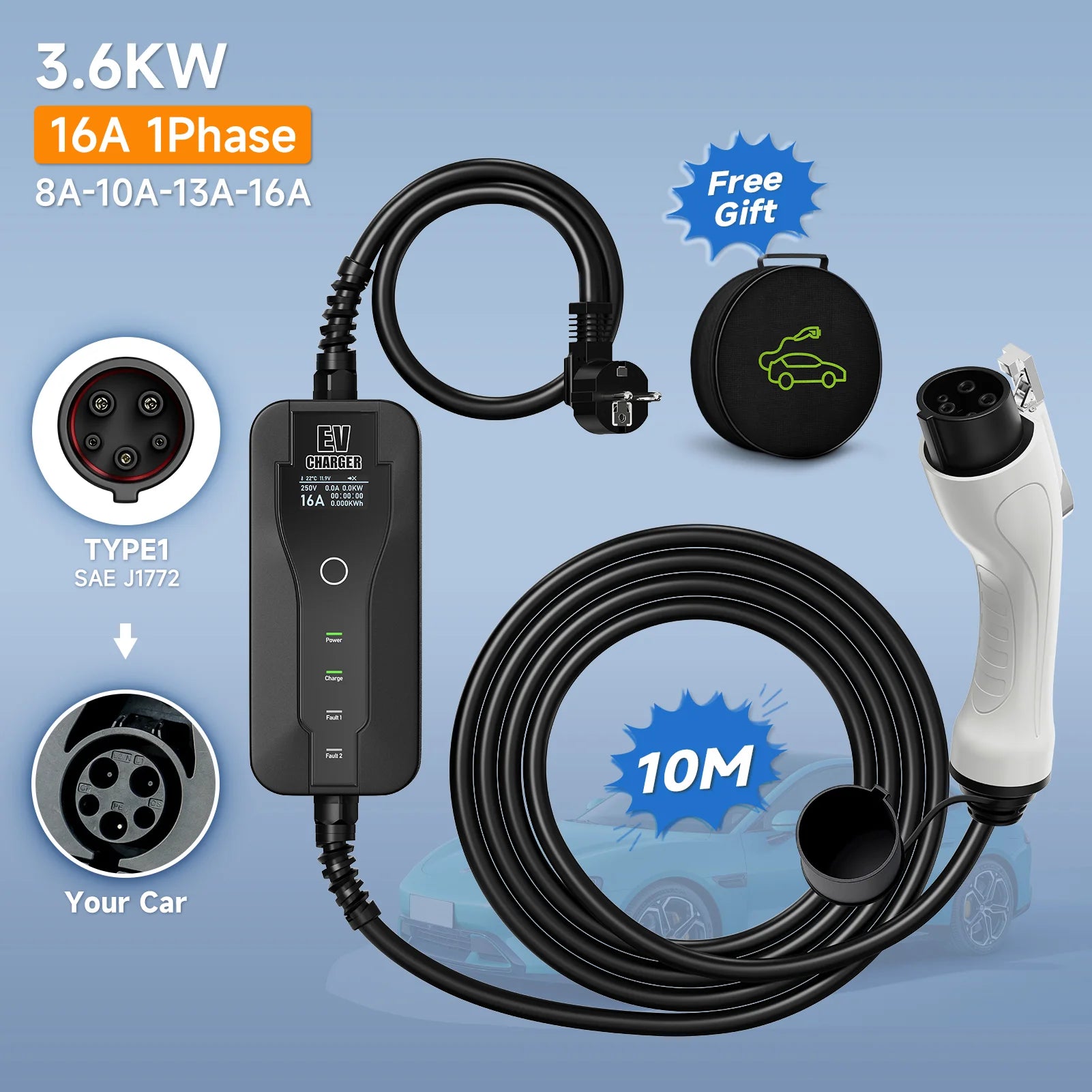 AFYEEV 16A 3.6kw 5m Type2 Type1 EV Charger Portable GBT Electric Vehicle Charger EVSE Charging Cable Safety and Reliable Wallbox