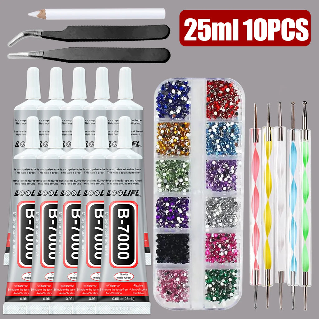 LOOLIFL B-7000 25ml Clear Glue + Nail Art Rhinestone Tools - Precise Tip Adhesive for DIY Manicure, Jewelry & Craft Repairs