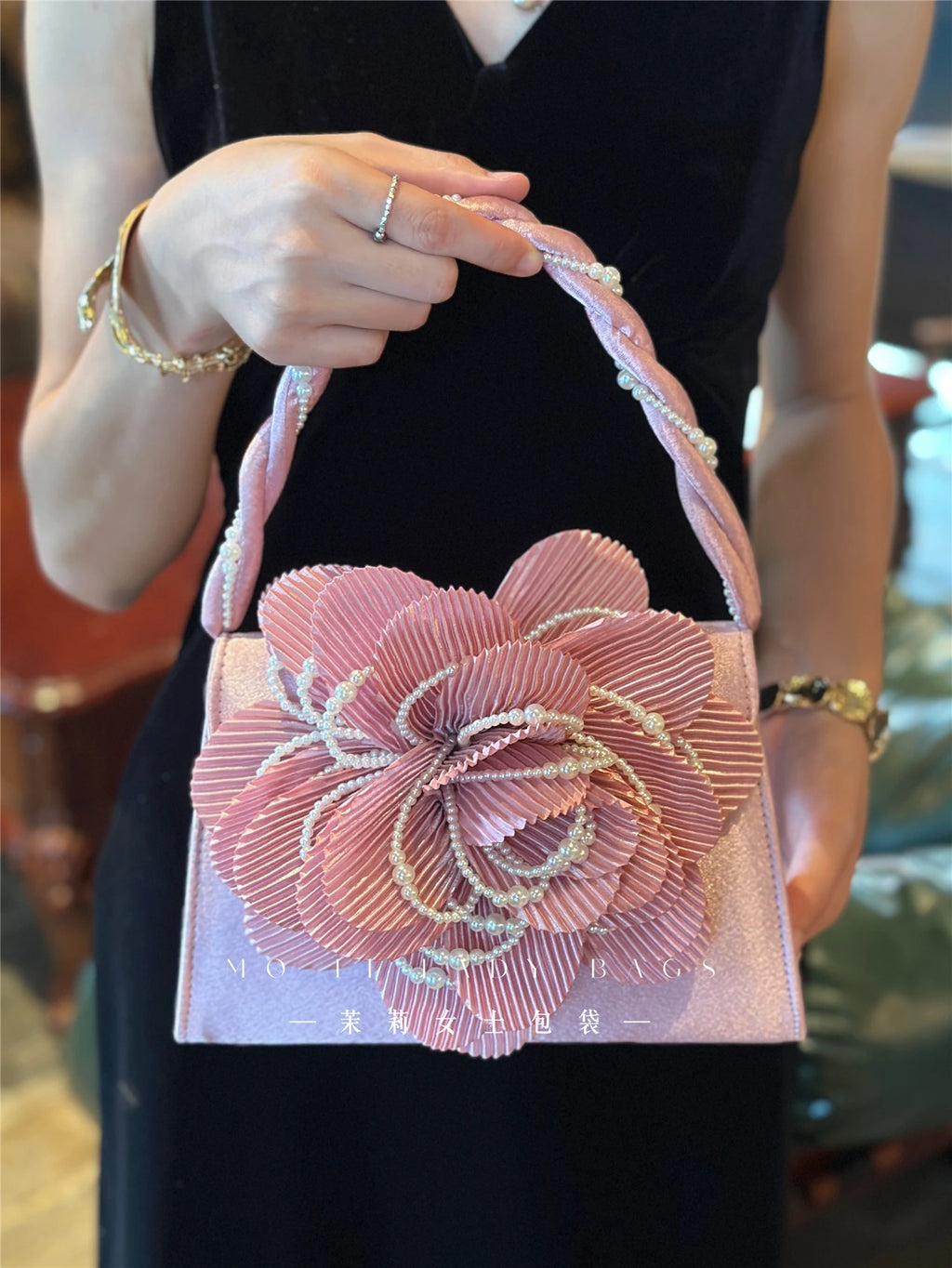 Retro Chinese Style Pearl Twist Flower Bag Rose 3D Pink Fairy Crossbody Women's Bag Handbag Casual Summer Fashion