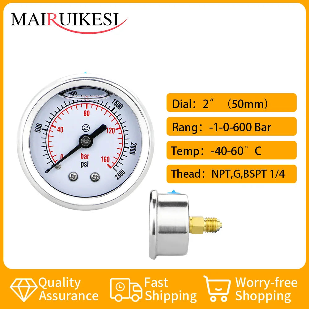 MAIRUIKESI Glycerin filling water gas Pressure Gauge 50mm Accuracy 2.5% Back Connection Vacuum Mamometer For Boiler Coffee Maker