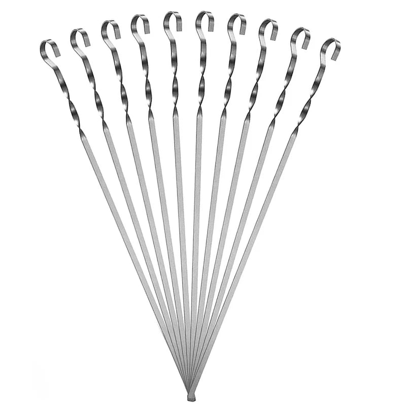 10Pcs Thickened Twisted Flat Stainless Steel BBQ Skewers Outdoor Camping Reusable Meat Stringing Grill Sticks Barbecue Tools