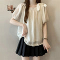 Large size women's clothing summer new solid color loose and cute style bow fungus edge round neck short-sleeved top