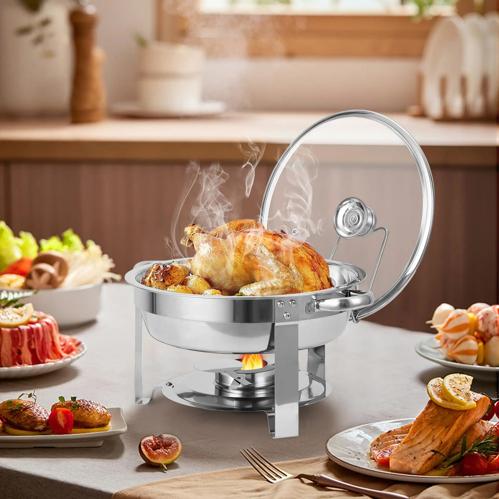 2 Pack 5QT Round Stainless Steel Chafing Dishes Buffet Set with Visible Glass Lid Holder Buffet Food Warmers for Parties Dinners Catering Events