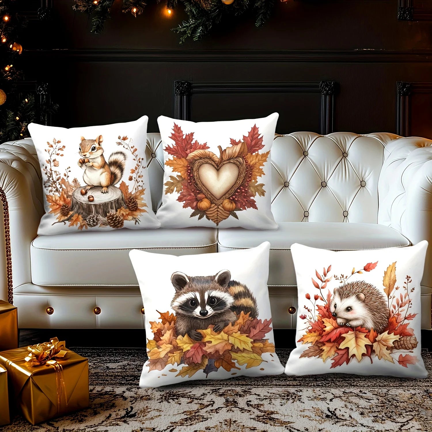 4pcs Pillow Covers, Featuring Squirrel, Hedgehog, Raccoon and Autumn Decor, Polyester Blend, Rustic Style for Home and Outdoor