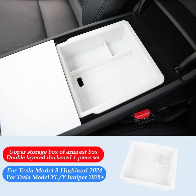 For Tesla Model Y YL Juniper Model 3 Highland 2026 Console & Armrest Storage Box ABS Non-slip Mat Cup Holder Box Accessories