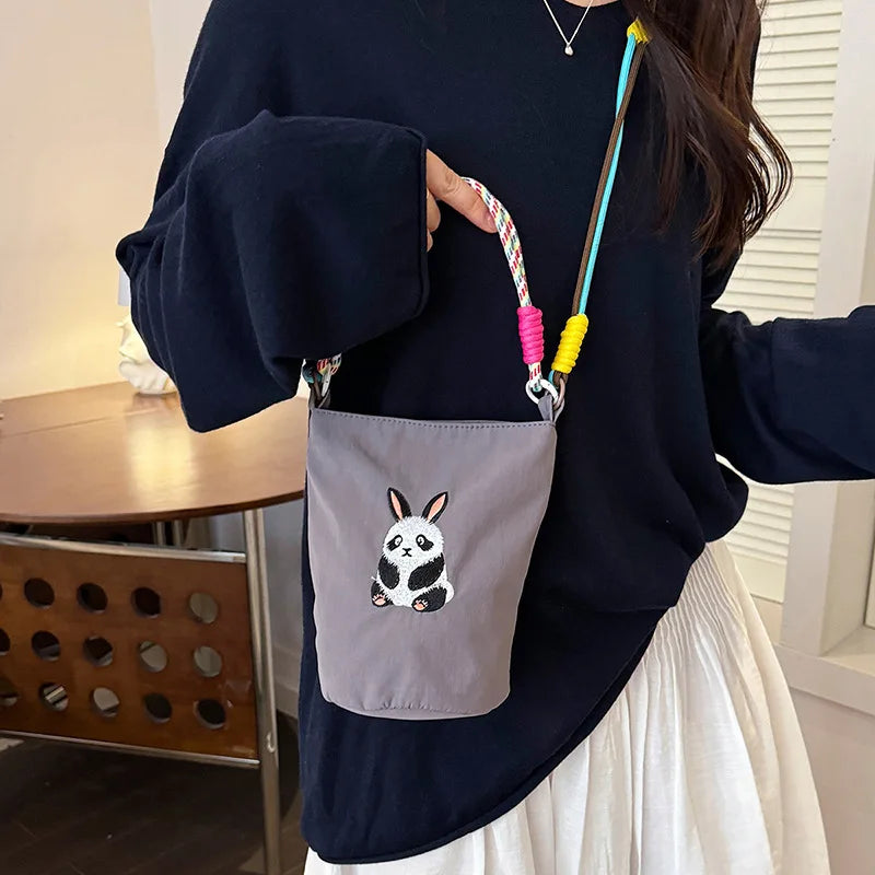 New Fashion Cute Cartoon Panda Embroidery Nylon Mini Bucket Bag Women Casual Lightweight Crossbody Shoulder Bag Small Handbag
