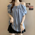 Summer Plus Size Women's New Arrival Solid Color Versatile Loose Slimming Drawstring Tank Top One-Shoulder Short Sleeve Top