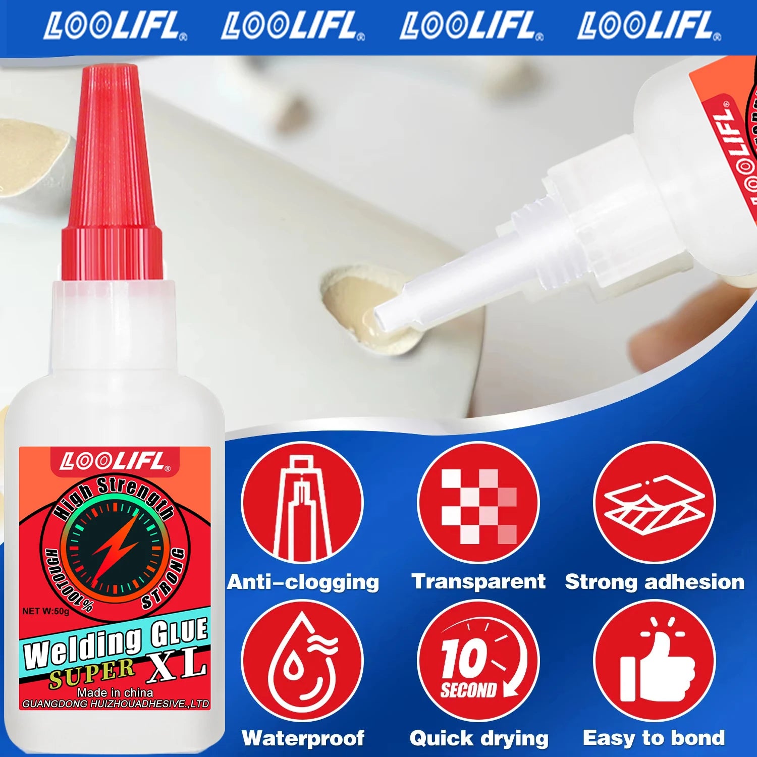 LOOLIFL 50g super glue, professional adhesive, transparent cyanoacrylate glue, quick-drying, tasteless and long-lasting adhesion