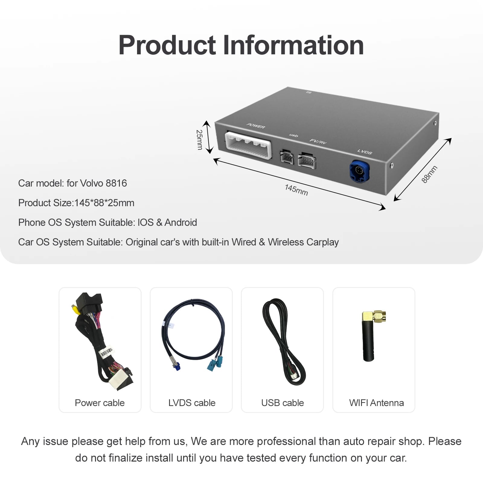 Wireless Carplay Android Auto Module For Volvo S60 XC60 V60 V40 2015-2018 Decoder Box Navigation Functions BT Support Revers