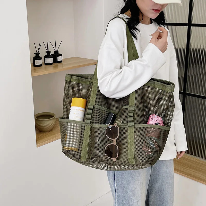 Large Capacity Canvas Beach bag Versatile Commuting Shopping Shoulder bag Lightweight Semi Transparent Mesh Hollow bag