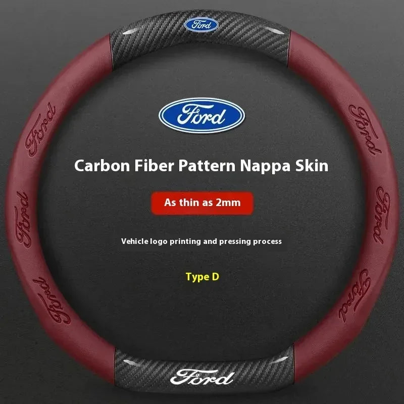 For Ford Mondeo Focus Raptor Puma Edge Explorer Ecosport Ranger F150 Kuga Car AntiSlip Carbon Fiber Leather Steering Wheel Cover