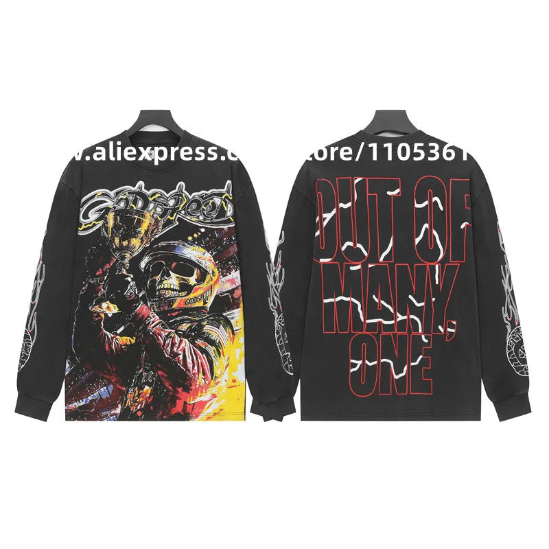 2026 Quality American Skeleton Pattern Printed Washed GODSPEED Long Sleeves T-shirt High Street Casual Cotton Round Neck Men Top