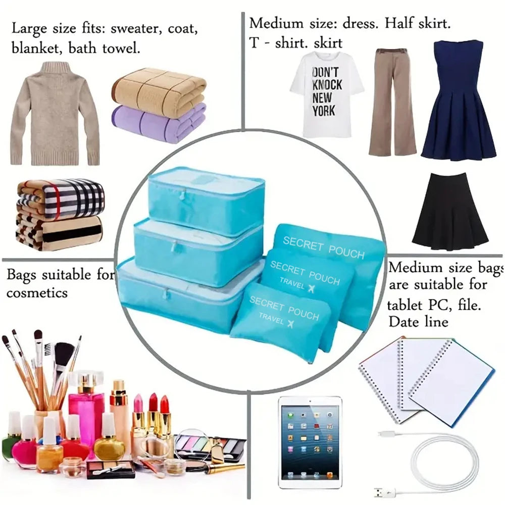 6pcs/Set Travel Storage Bag Portable Large Capacity Luggage Clothes Sorting Organizer Set Dry And Wet Separate Storage Bag