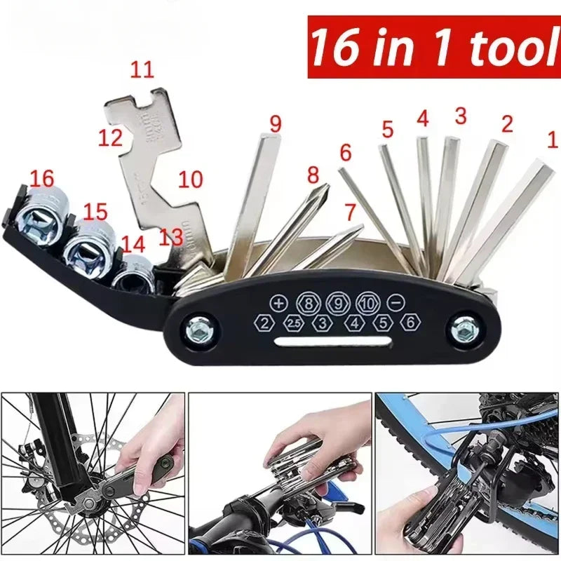 16 in 1 Multipurpose Bike Repair Tool Kits Bicycle Multi Tool Screwdriver Tire Levers Hex Spoke Wrench Folding Repair Tools