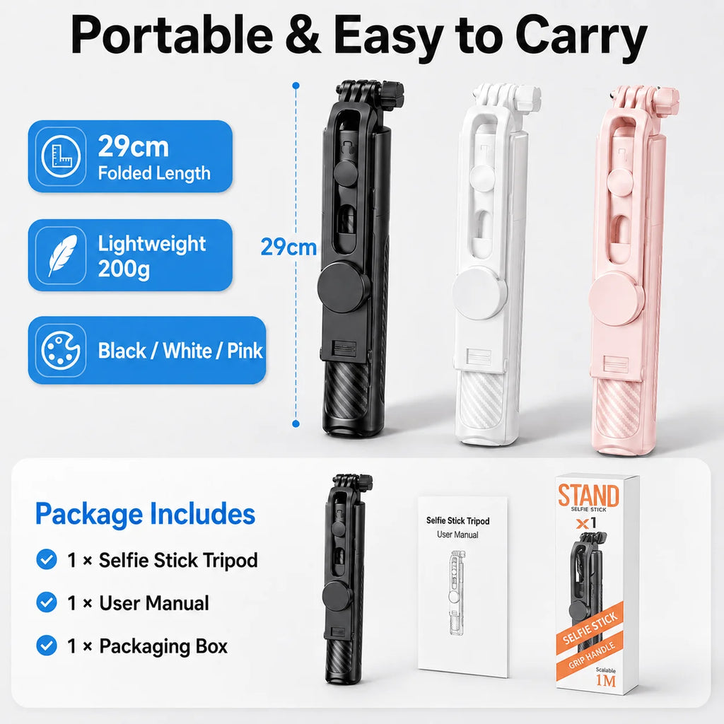 Bluetooth Selfie Stick Tripod 100cm Extendable Wireless Remote Foldable Phone Stand for Mobile Phone Travel Selfie Vlog Shooting