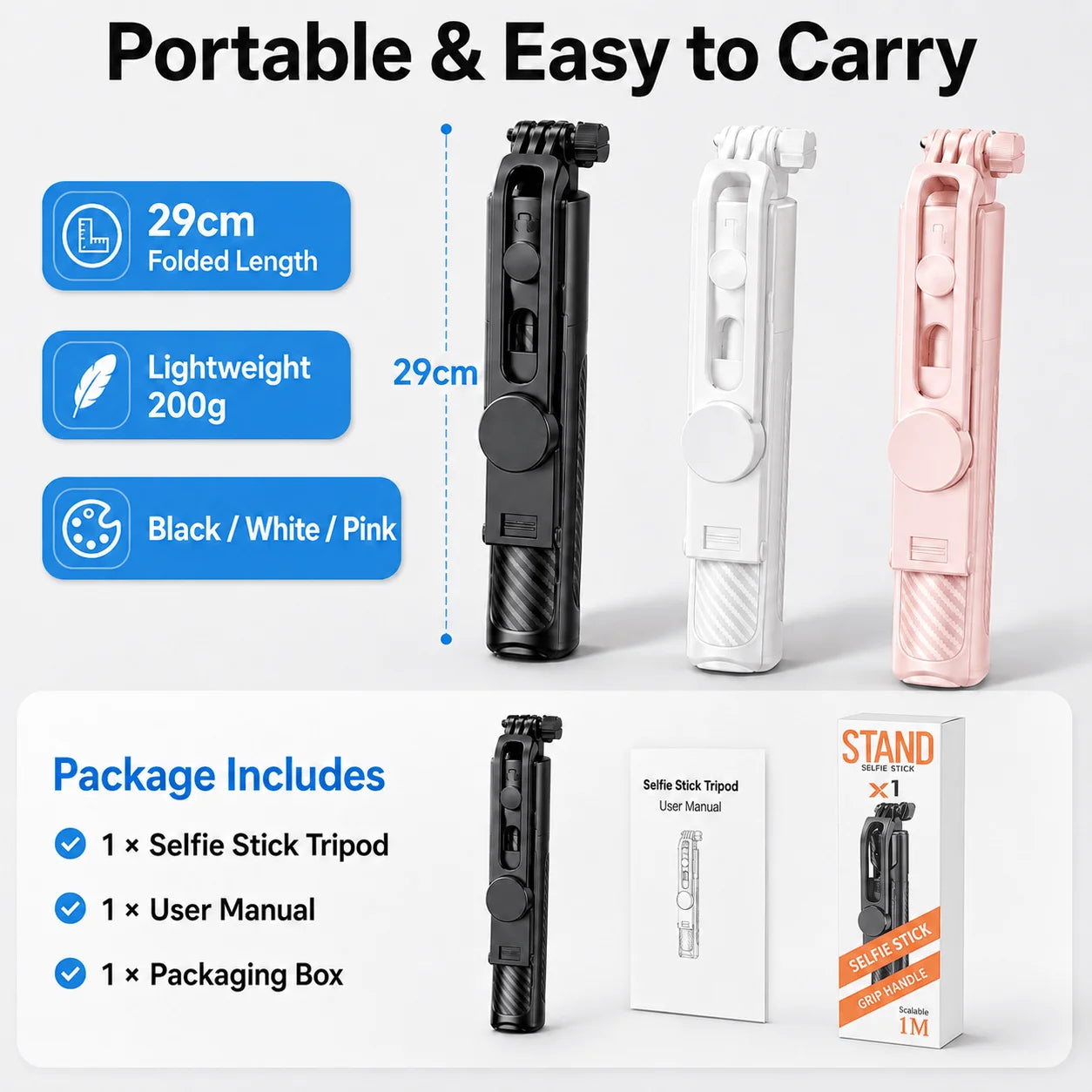 Bluetooth Selfie Stick Tripod 100cm Extendable Wireless Remote Foldable Phone Stand for Mobile Phone Travel Selfie Vlog Shooting