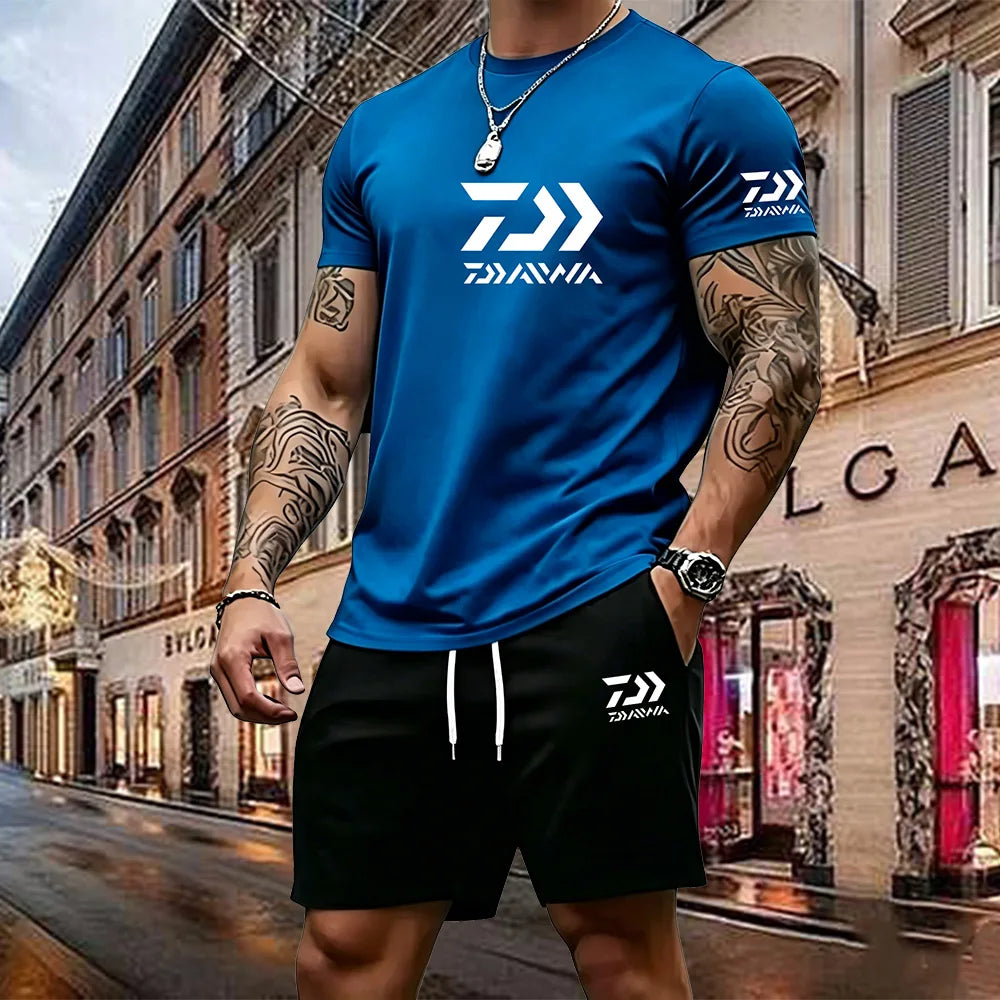 2026 Summer New Men's Fashion Outdoor Sports Set Printed Short Sleeve T-shirt+Shorts Loose Home Leisure Two Piece Set