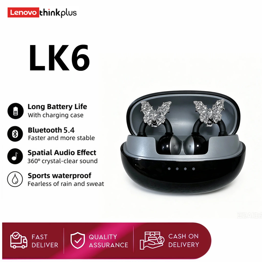 Original Lenovo LK6 Wireless Bluetooth Sports Earphones Ear Clip HD Stereo Headsets HIFI Music Noise Reduction Gaming Earbuds
