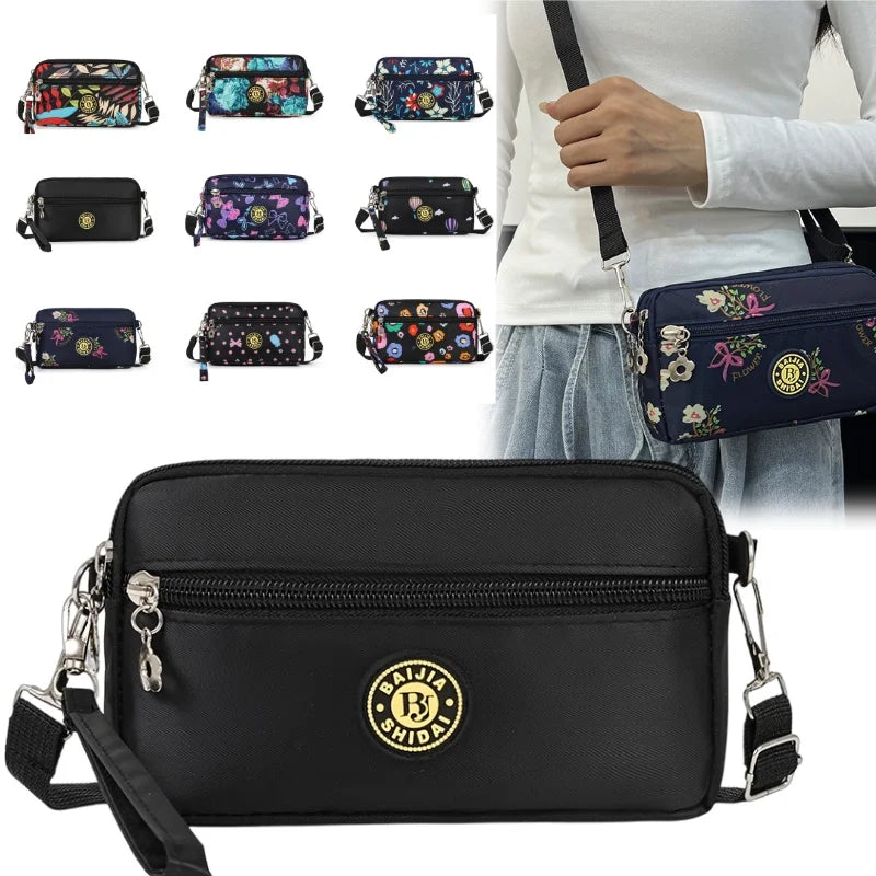 Lightweight Utility Crossbody Bag Durable Nylon Canvas Floral Print Multi Compartment Secure Zipper Women Travel Handbag