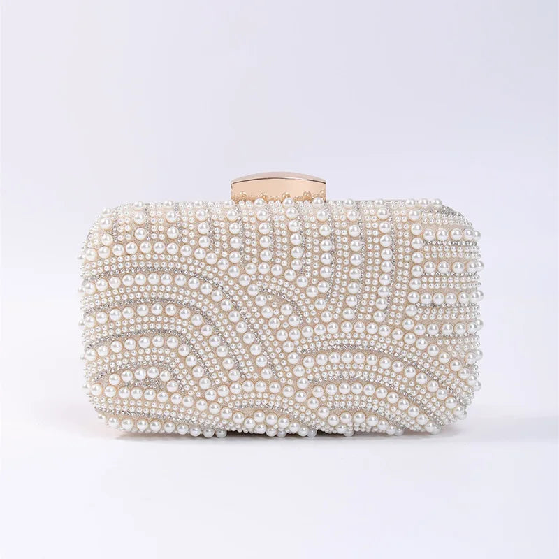 Ladies Pearl Elegant Evening Bag Fashionable Stylish Beading Wedding Dinner Party Banquet Dress Clutch Bag with Long Chain