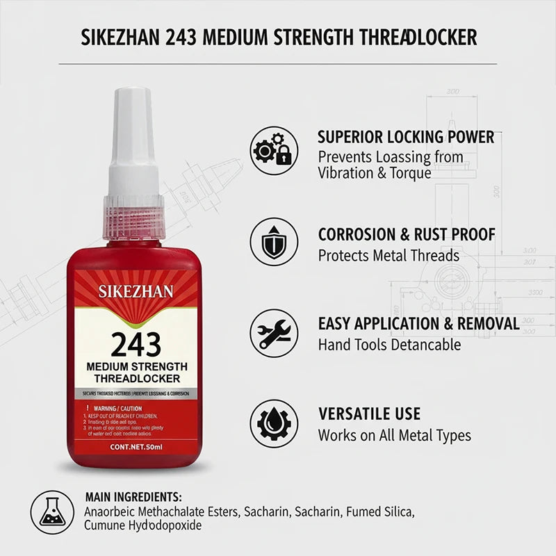 243 Anaerobic Adhesive Medium Strength Threadlocker Blue Sealant for Metal Screw Lock SIKEZHAN Anti-Vibration Bolt Glue 50ml