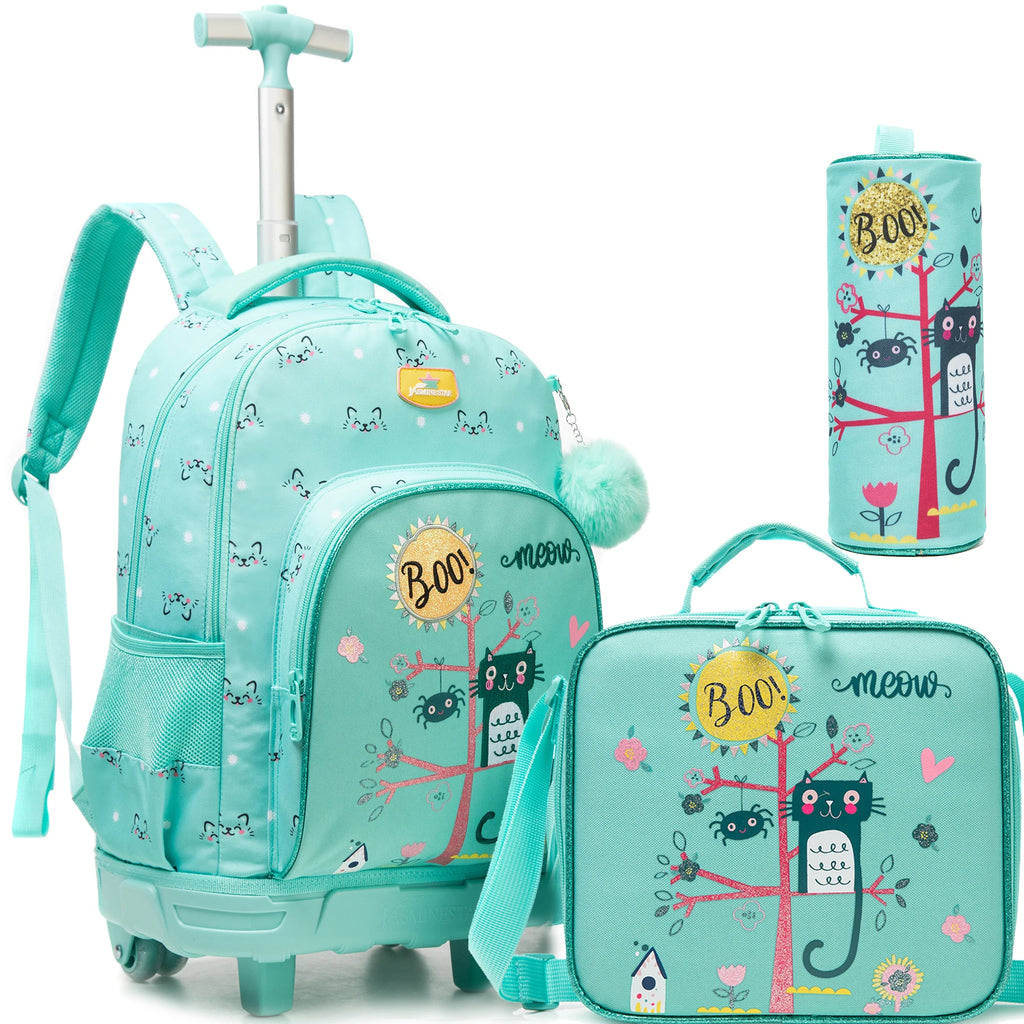 3-Piece Girls Stylish Rolling Backpack Set Perfect for Girls with Wheeled Luggage Lunch Bag Pencil Case for School Travel