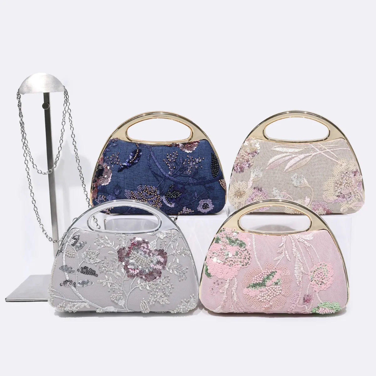 Embroidery sequined socialite lady clutch bag chain electroplated plastic box bag