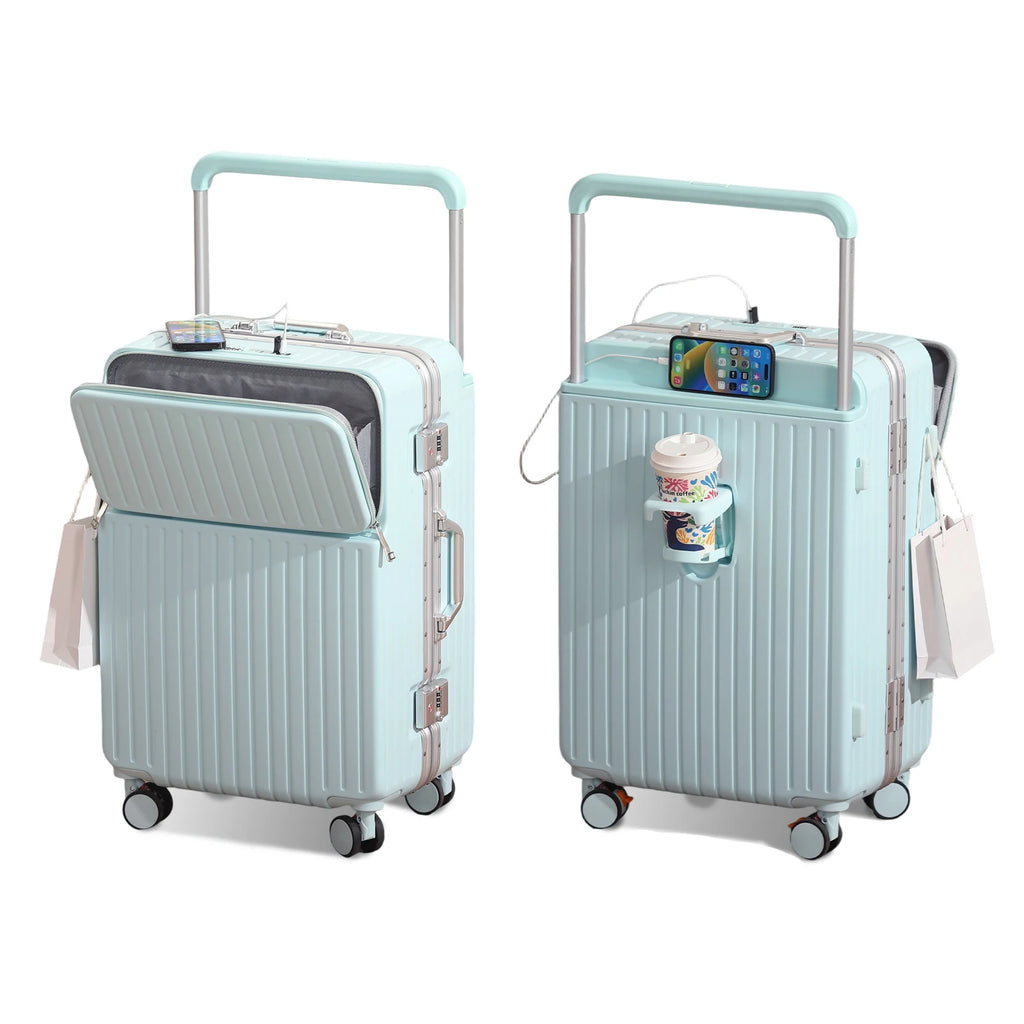 AIWEINY 20/24/26Inch Front Opening Hard Shell Luggage Aluminum Frame Wide Handle USB 360° Silent Wheels TSA Lock Business Travel