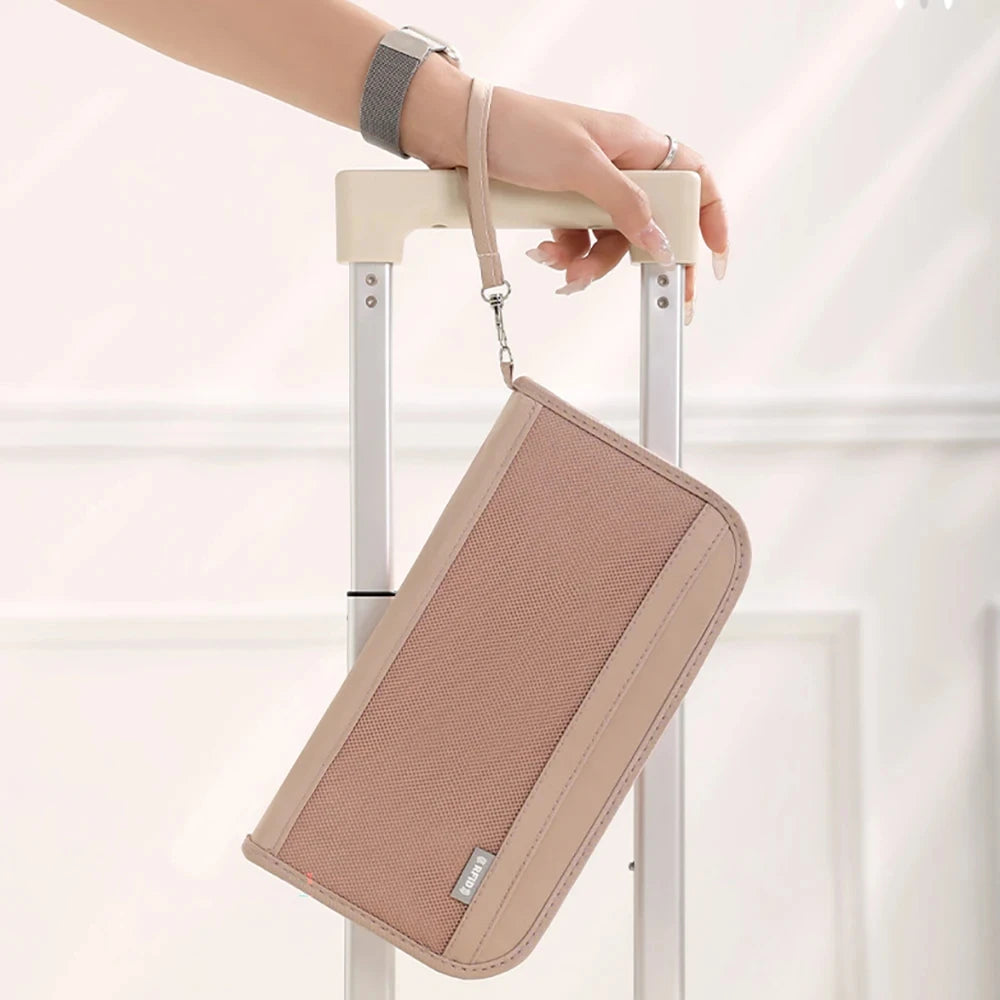 RFID Blocking Passport Holder Travel Document Organizer with Wrist Strap Multifunctional Zippered Wallet for Airline Tickets Car