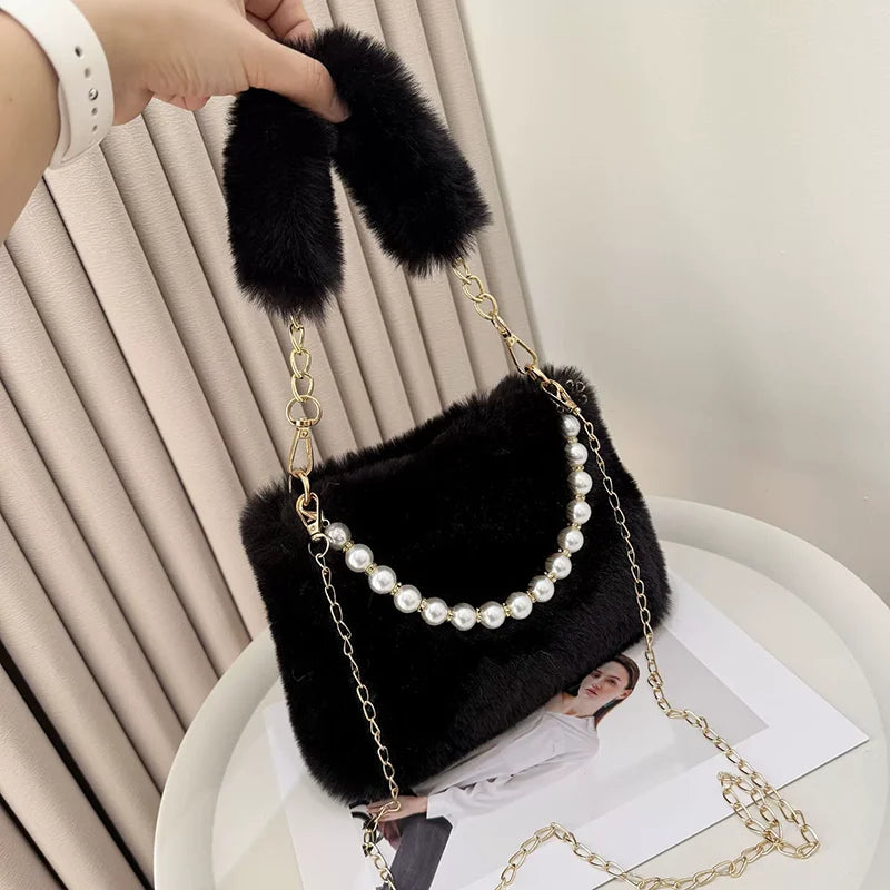 Fashionable Pearl Rabbit Fur Handbag Women's Crossbody Bag Chain Design Winter Small Versatile Shoulder Bag