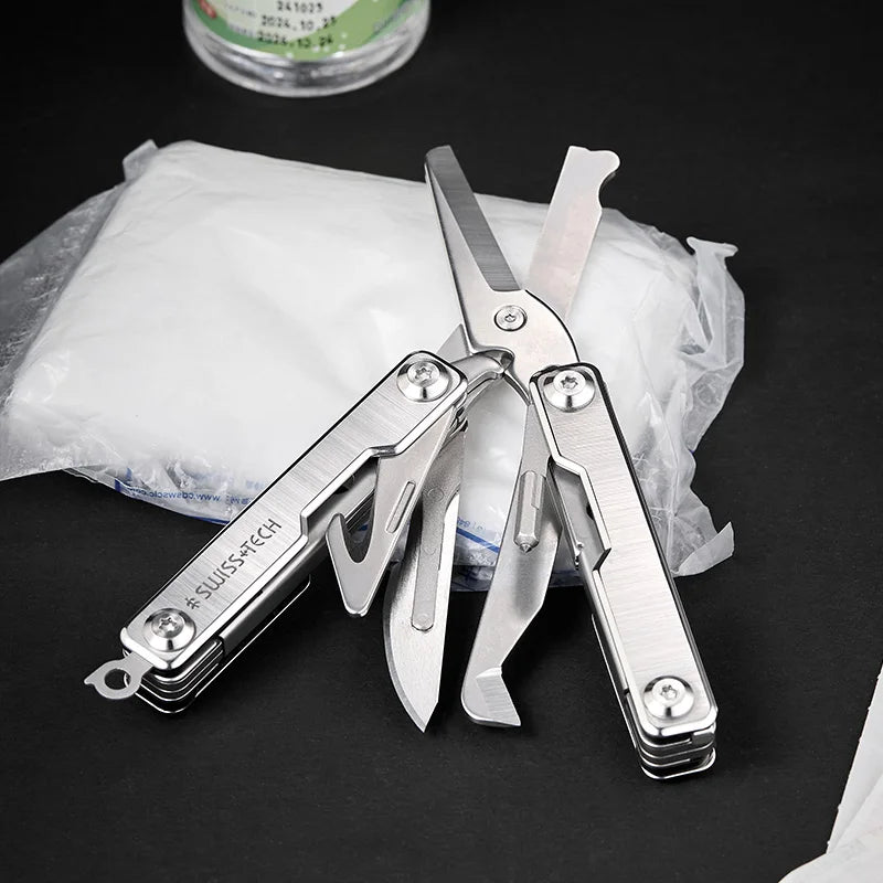 SWISS TECH 9 In 1 Rescue Survival Scissors Folding Knife Outdoor EDC Mini Multitool Keychain Multi Tools Window Breaker