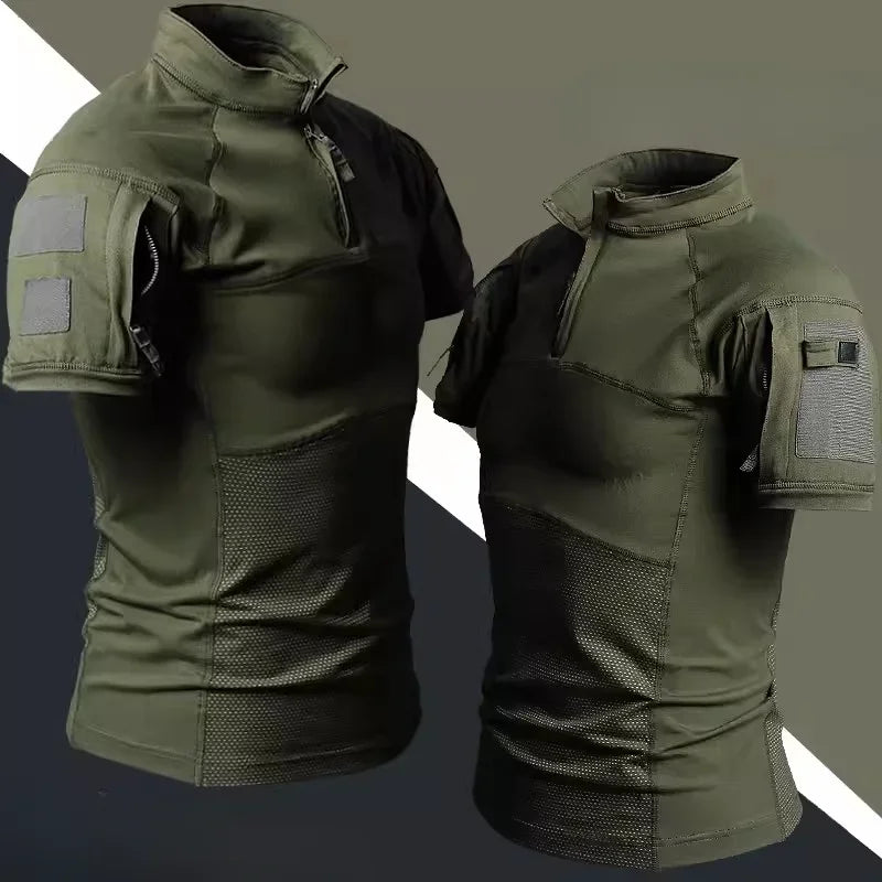 Summer Shirts Combat Tops Half Zipper Knitting Camo Hiking T-shirts Tactical T-shirt Breathable Elastic Outdoor Training Tees