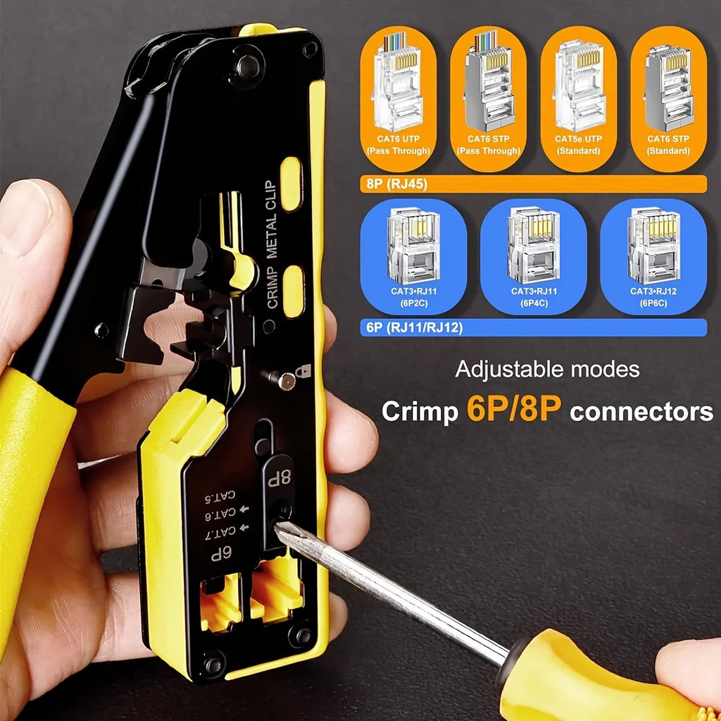 Ratcheting Modular Data Cable Crimper / Wire Stripper / Wire Cutter for RJ11/RJ12 Standard, RJ45 Pass-Thru Connectors